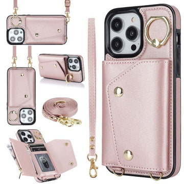 Leather Phone Case With Holder Lanyard Wallet Crossbody For iPhone