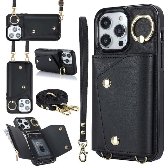 Leather Phone Case With Holder Lanyard Wallet Crossbody For iPhone