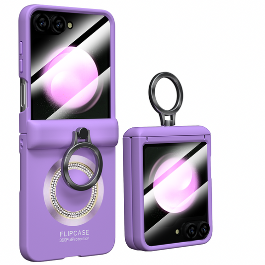 Super Diamond Magnetic Matte Hinge Phone Case with Screen Ring Holder For Samsung ZFlip 6