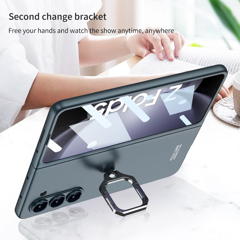 Ultra Thin Skin Friendly Matte Hard Phone Case With Metal Ring Bracket With Tempered Film For Samsung Galaxy Z Fold 5 4