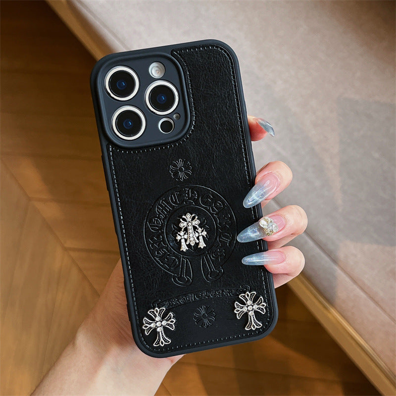 Metal Black Cross Leather Phone Case For iPhone – jenacase Metal Black Cross Leather Phone Case For iPhone – jenacase