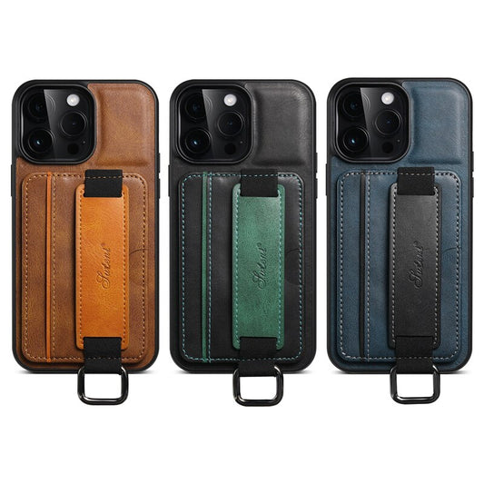 PU Leather Phone Case With Wristband Hand Strap Card Holder For iPhone