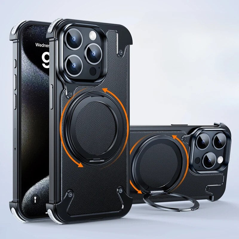 Frameless Aluminum Metal Phone Case With 360° Magnetic Rotation Bracket with 4 Corners Bumper For iPhone