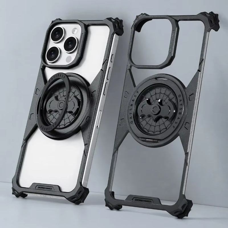 Bat Shape Fingertip Gyro Metal Frameless Magnetic Phone Case with 360° Rotatable Ring Bracket For iPhone