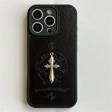 Metal Black Cross Leather Phone Case For iPhone
