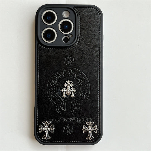 Metal Black Cross Leather Phone Case For iPhone