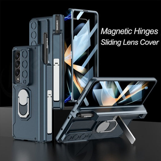 Magnetic Hinge Armor Slide Phone Case With Screen Flim Ring Stand For Samsung Galaxy Z Fold 4