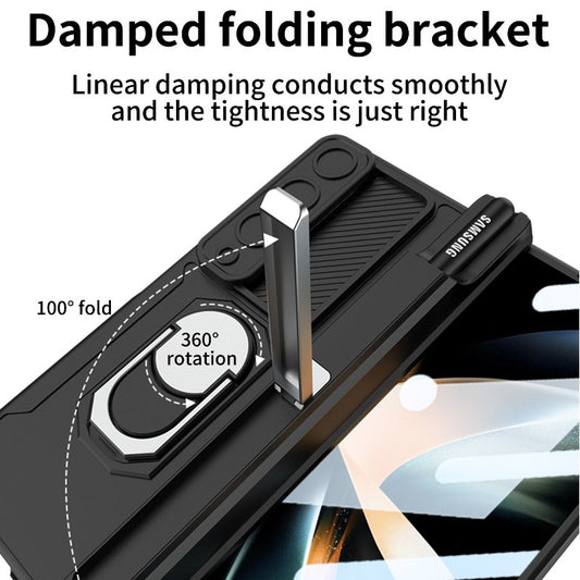 Magnetic Hinge Armor Slide Phone Case With Screen Flim Ring Stand For Samsung Galaxy Z Fold 4