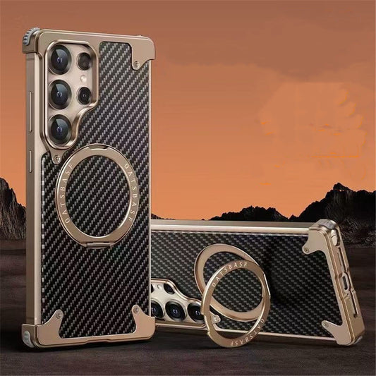 Carbon Fiber Texture Magnetic Frameless Phone Case With 360° Ratating Bracket For Samsung Galaxy S25