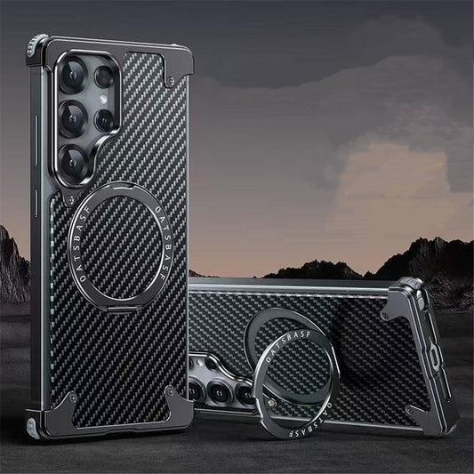 Carbon Fiber Texture Magnetic Frameless Phone Case With 360° Ratating Bracket For Samsung Galaxy S25