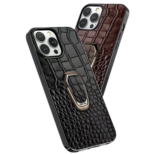 Genuine Leather Phone Case With Metal Ring Bracket For iPhone