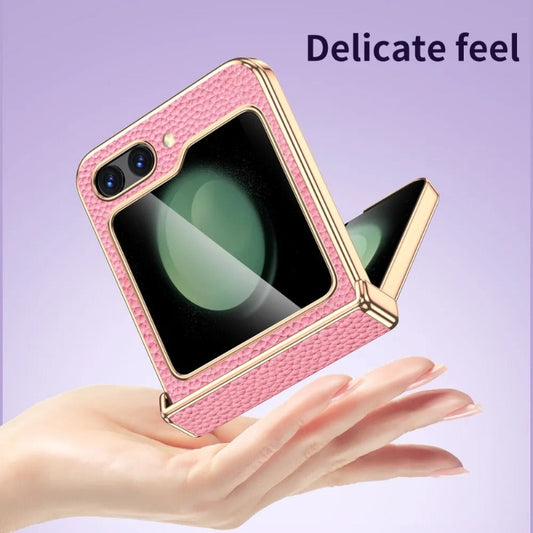 Leather Hinge Protection Phone Case With Tempered Flim For Samsung Galaxy Z Flip 5