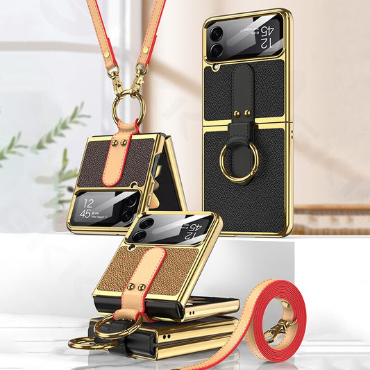 Leather Plating Ring Stand Strap Phone Case With Ring Stand For Samsung Galaxy Z Flip