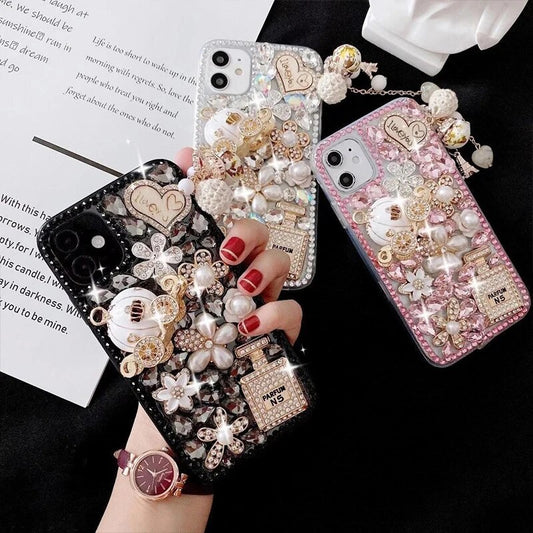 Luxury 3D Gold Purse Carriage Bling Crystal Mobile Phone Case With Pendant For iPhone