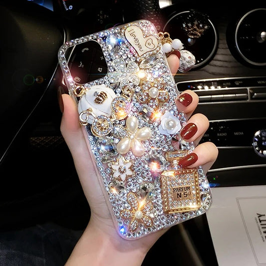 Luxury 3D Gold Purse Carriage Bling Crystal Mobile Phone Case With Pendant For iPhone