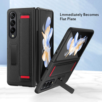Luxury Leather Hard PC Phone Case with Wrist Band Glass Film With Kickstand For Samsung Galaxy Z Fold 4
