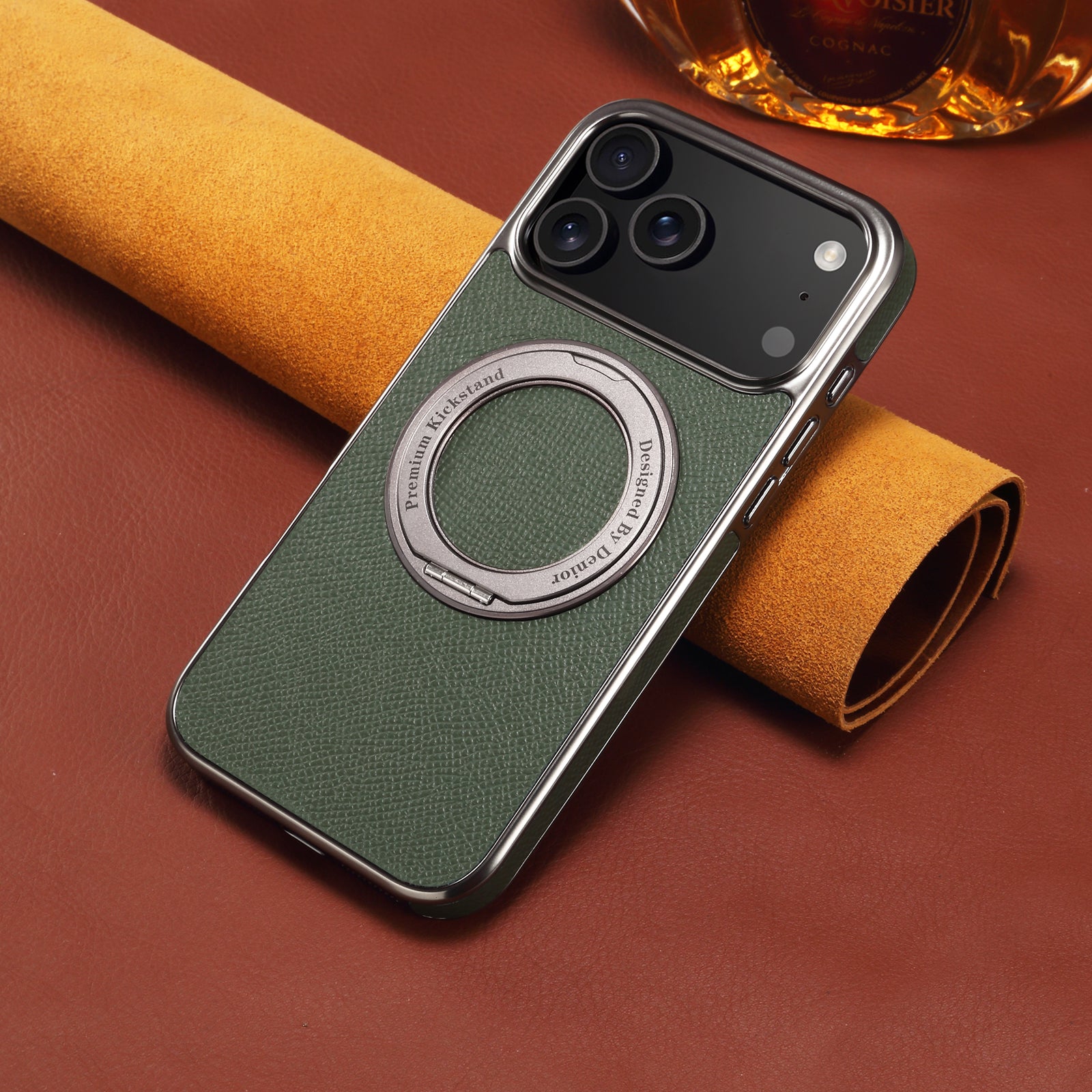 Luxury Magnetic Ring Stand Genuine Leather Magsafe Phone Case For iPhone
