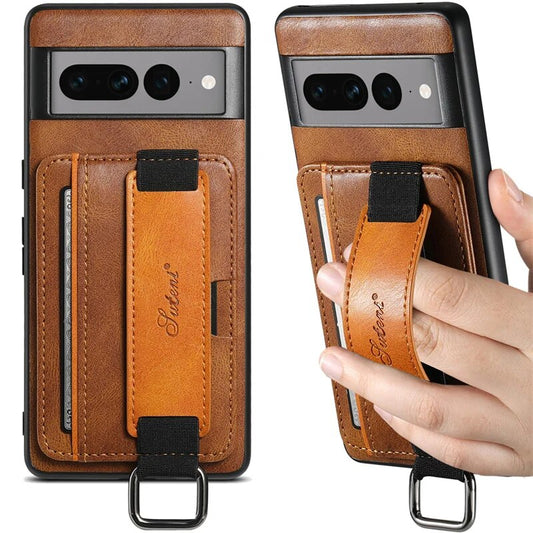 Luxury Retro Leather Wallet Phone Case With Card Slot With Wrist Strap For Google Pixel 8 7