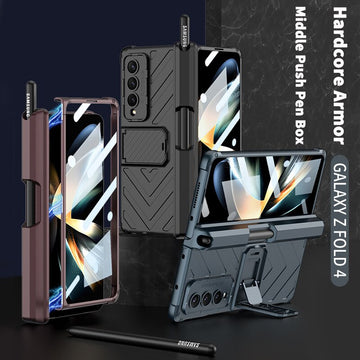 Magnetic Hinge Middle Push Slide Phone Case Armor bracket With S Pen Front Glass Film For Samsung Galaxy Z Fold 4