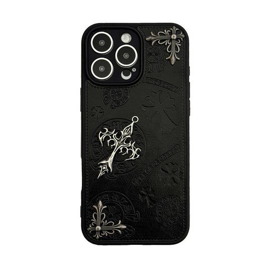 New Fashion Personality Trend Cross Chrome Heart PU Leather Phone Case For iPhone