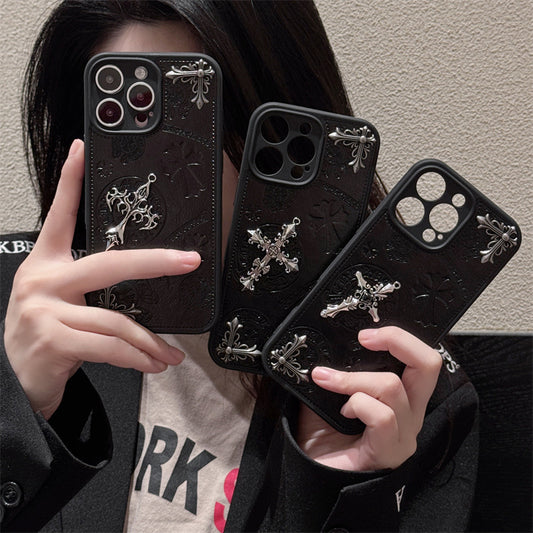New Fashion Personality Trend Cross Chrome Heart PU Leather Phone Case For iPhone