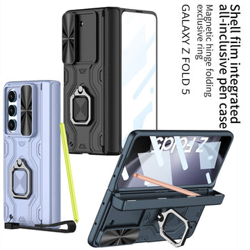 Magnetic Hinge Phone Case With Pen Holder Ring Stand Glass Film For Samsung Galaxy Z Fold 5