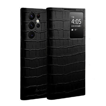Genuine Leather S View Crocodile Texture Window Display Smart Flip Case For Samsung Galaxy S22