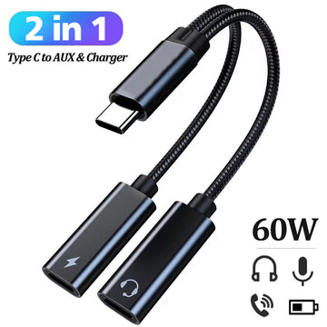 2in1 PD 60W USB C Fast Charging Adapter Type C To 3.5mm Headphone Aux Jack Audio Converter