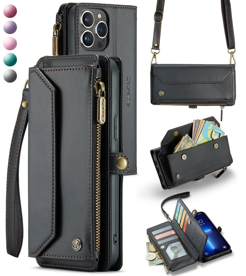 Phone Case With Ruler PU Leather Magnetic Flip Shoulder Strap Phone Case With 10-Card Holder ...