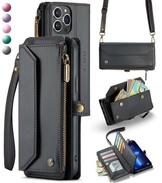PU Leather Magnetic Flip Shoulder Strap Phone Case With 10-Card Holder Zipper Bills Slot For IPhone