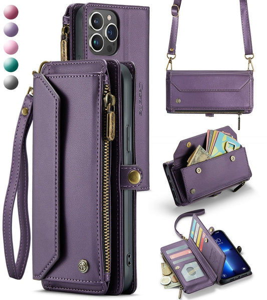 PU Leather Magnetic Flip Shoulder Strap Phone Case With 10-Card Holder Zipper Bills Slot For IPhone