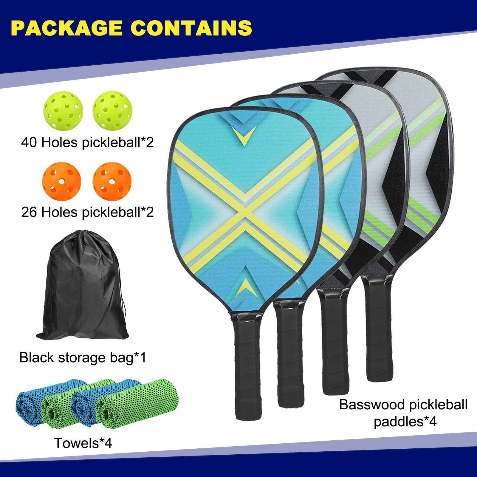 4pcs/set Pickleball Paddle Set Durable and Lightweight Comfort Grip Wood
