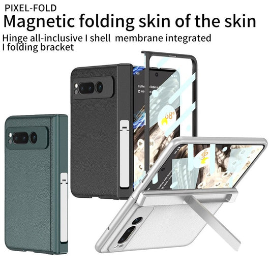 Plain Leather Magnet Phone Case With Metal HolderFor Google Pixel Fold