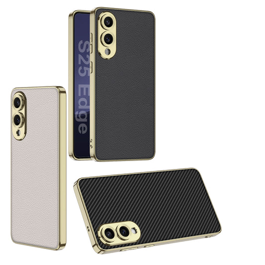 Plating Leather TPU Soft Bezel Precision Hole Carbon Fiber Phone Case For Samsung Galaxy S25 Edge