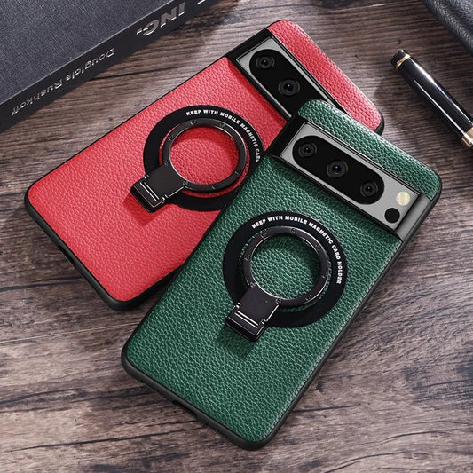 Magnetic Wireless Charging With Ring Holder Leather Phone Case For Google Pixel 8 7