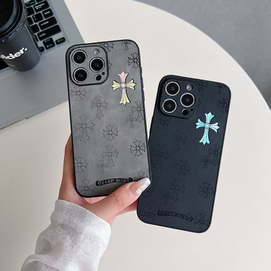 Retro Chrome Hearts Cross Leather Phone Case For IPhone