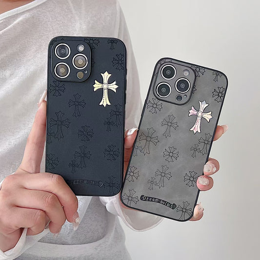 Retro Chrome Hearts Cross Leather Phone Case For IPhone