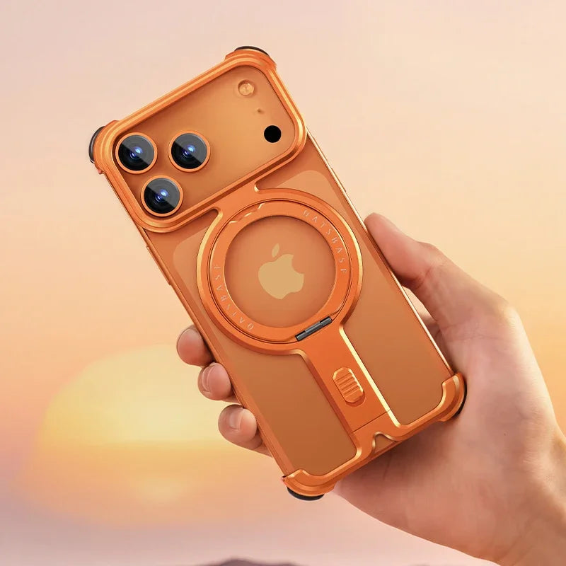Π-Shape Phone Case for iPhone 17 Pro/Pro Max with 360°Rotation Stand Magsafe Wireless Charging Metal Frameless Cover