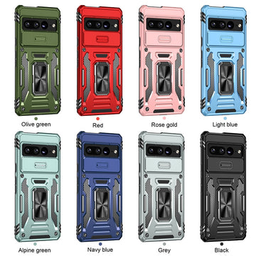 Shockproof TPU Armor Phone Case with Ring Kickstand Slide Lens Cover For Google Pixel 8 7
