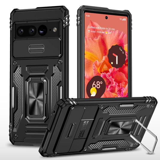 Shockproof TPU Armor Phone Case with Ring Kickstand Slide Lens Cover For Google Pixel 8 7