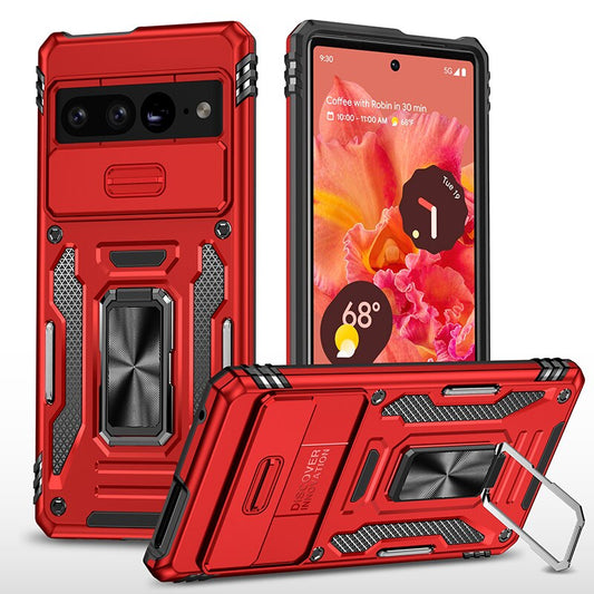 Shockproof TPU Armor Phone Case with Ring Kickstand Slide Lens Cover For Google Pixel 8 7