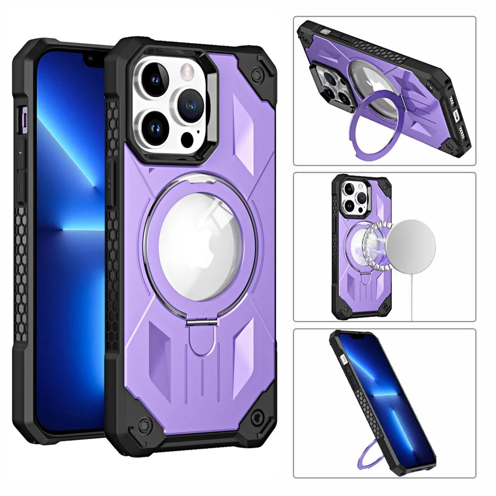 Shockproof Magnetic Wireless Charging Phone Case With Ring Stand Holder For iPhone