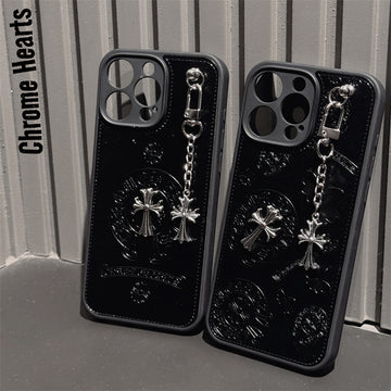 Trendy Metal Cross Chrome Hearts Artrficial Leather Phone Case With Chain For iPhone