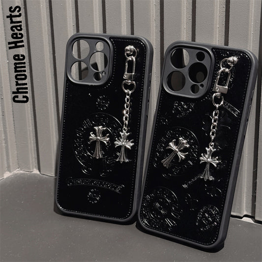 Trendy Metal Cross Chrome Hearts Artrficial Leather Phone Case With Chain For iPhone