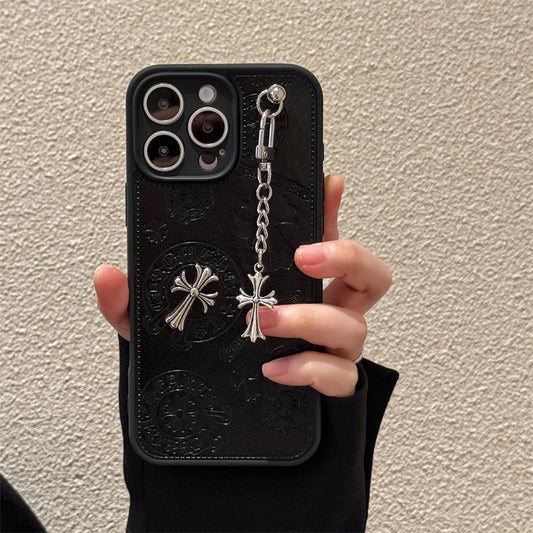 Trendy Metal Cross Chrome Hearts Artrficial Leather Phone Case With Chain For iPhone