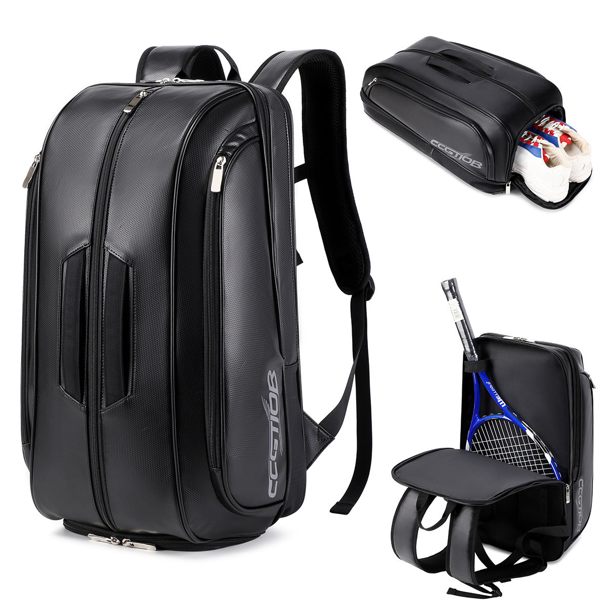 Trendy Outdoor Tennis Bag Large Capacity Waterproof PU Leather Racket Backpack With Shoe Compartment Double Shoulder Bag