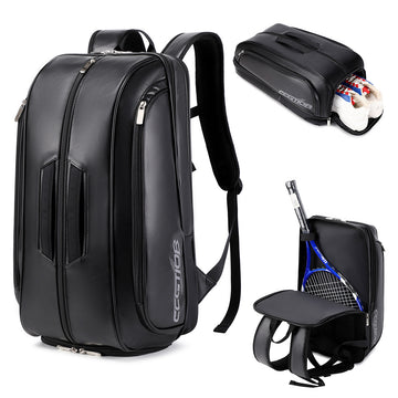 Trendy Outdoor Tennis Bag Large Capacity Waterproof PU Leather Racket Backpack With Shoe Compartment Double Shoulder Bag