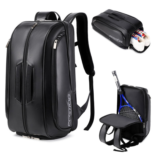 Trendy Outdoor Tennis Bag Large Capacity Waterproof PU Leather Racket Backpack With Shoe Compartment Double Shoulder Bag