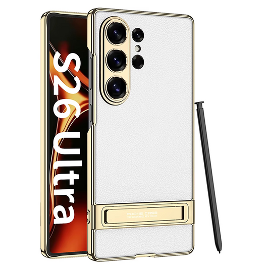 Ultra-thin Electroplated Plain PU Leather Aluminum Alloy Bracket Phone Case For Samsung S26