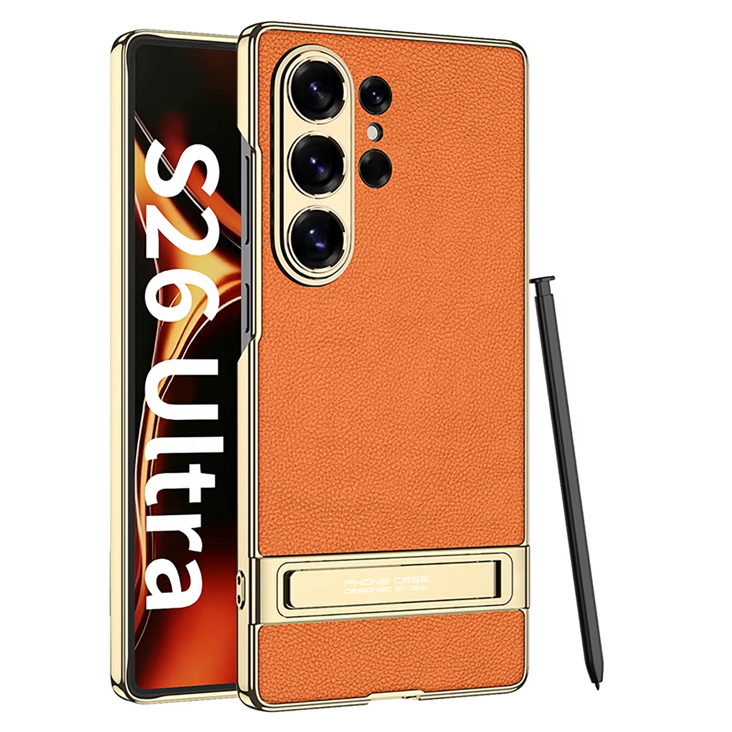 Ultra-thin Electroplated Plain PU Leather Aluminum Alloy Bracket Phone Case For Samsung S26